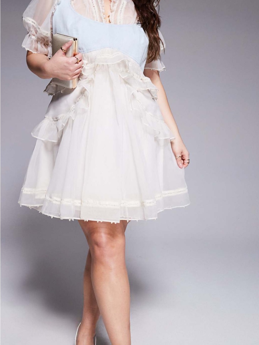 ASOS LUXE Curve Ivory Ruffle Mini Dress with Sheer Puff Sleeves and pearls - Picture 2 of 7